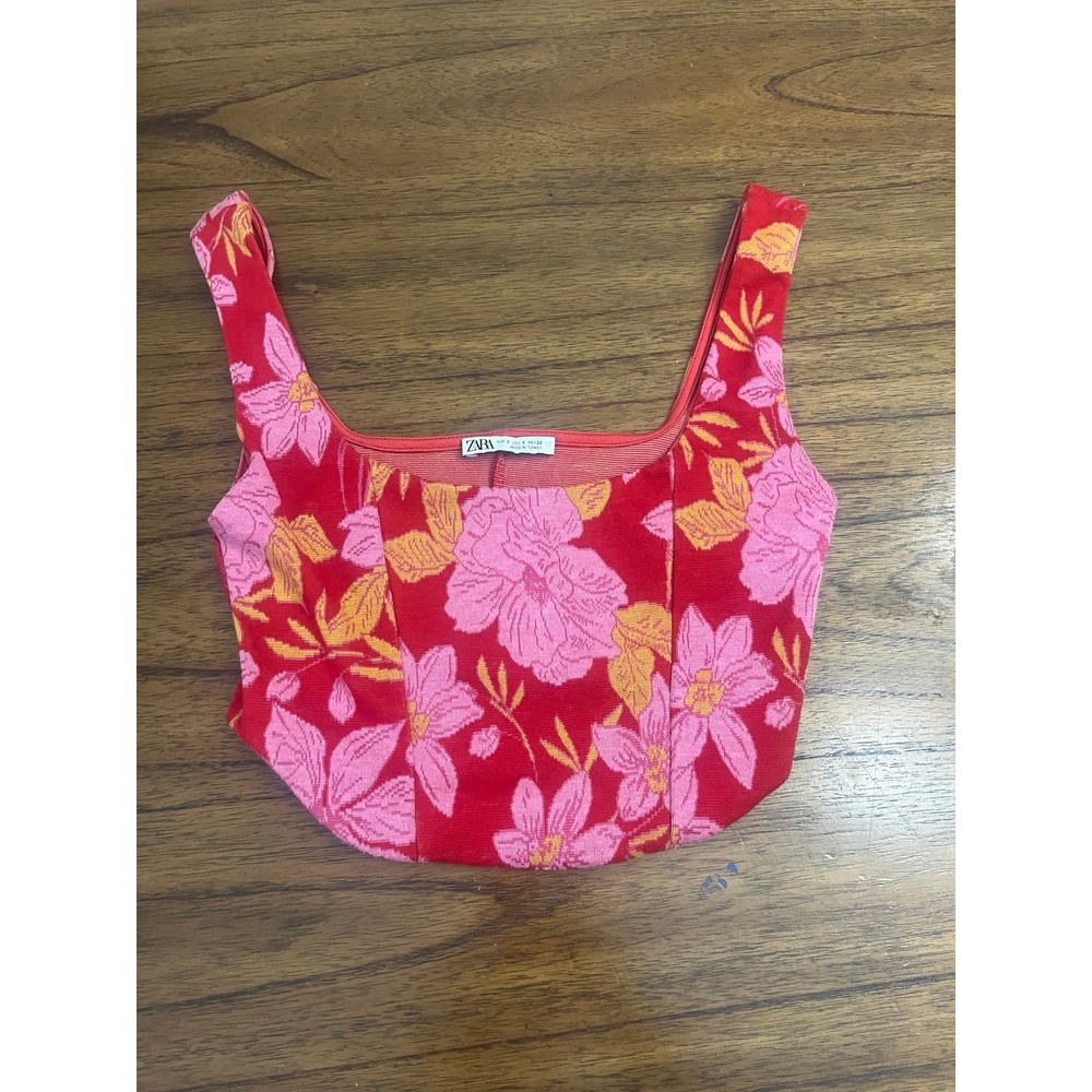 Zara Floral Knit Corset Crop Top Red Pink Orange Square Neck Small